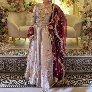 Gray Lengha w/ Red Dupatta Set